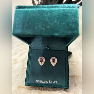 NIB Simply Silver Sterling Silver Teardrop Amethyst Halo Stud Earrings - Purple